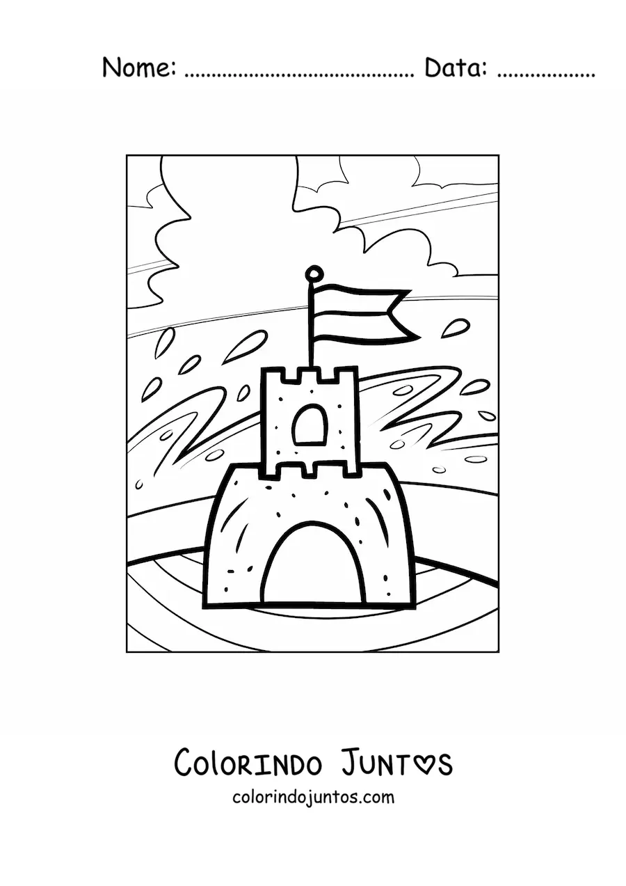 Desenho para colorir de um castelo de areia na praia