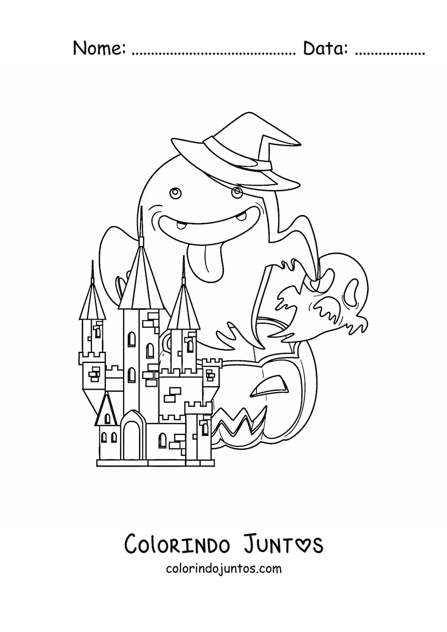 Desenho para colorir de um castelo de terror com fantasmas