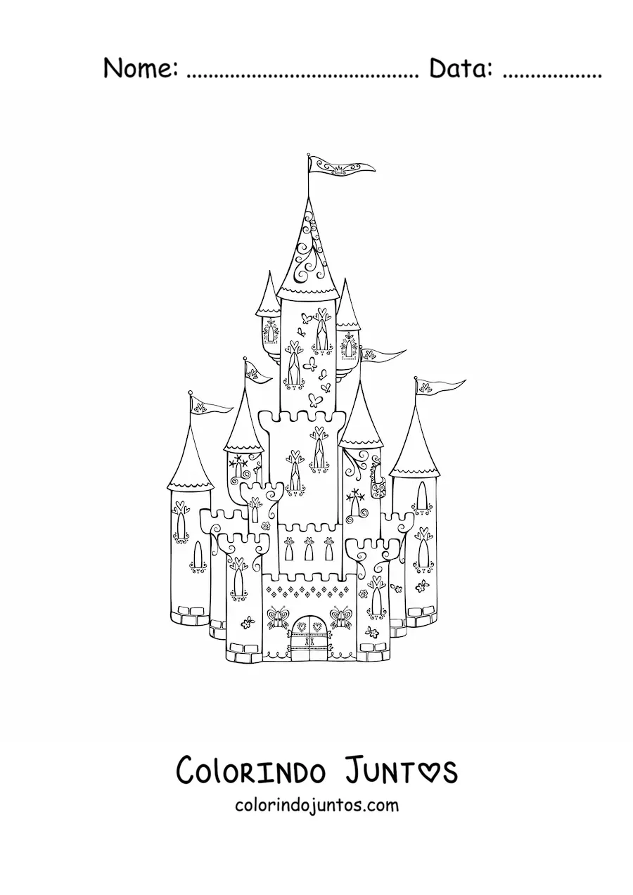 Desenho para colorir de um castelo de princesa com torres e bandeiras