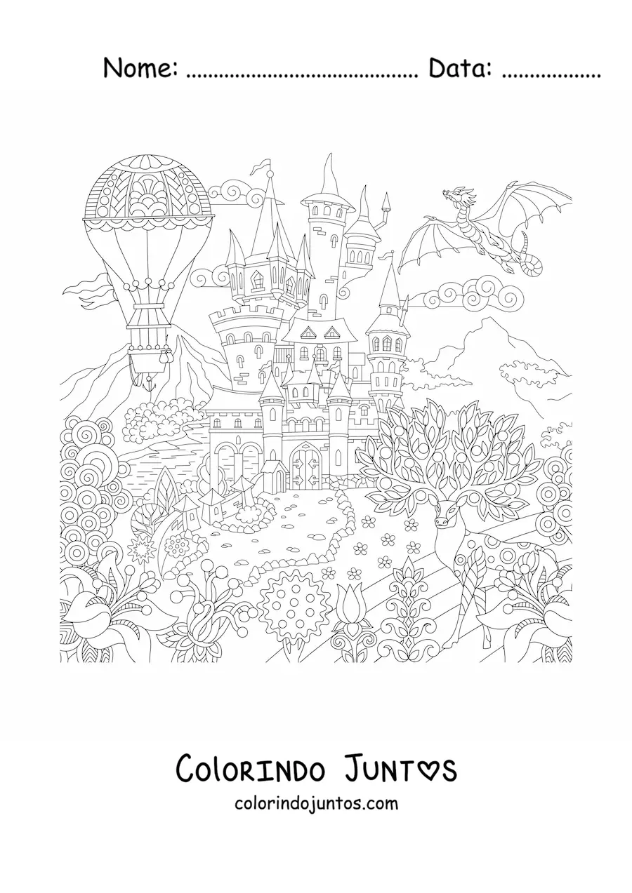 Desenho para colorir de um castelo de fantasia medieval