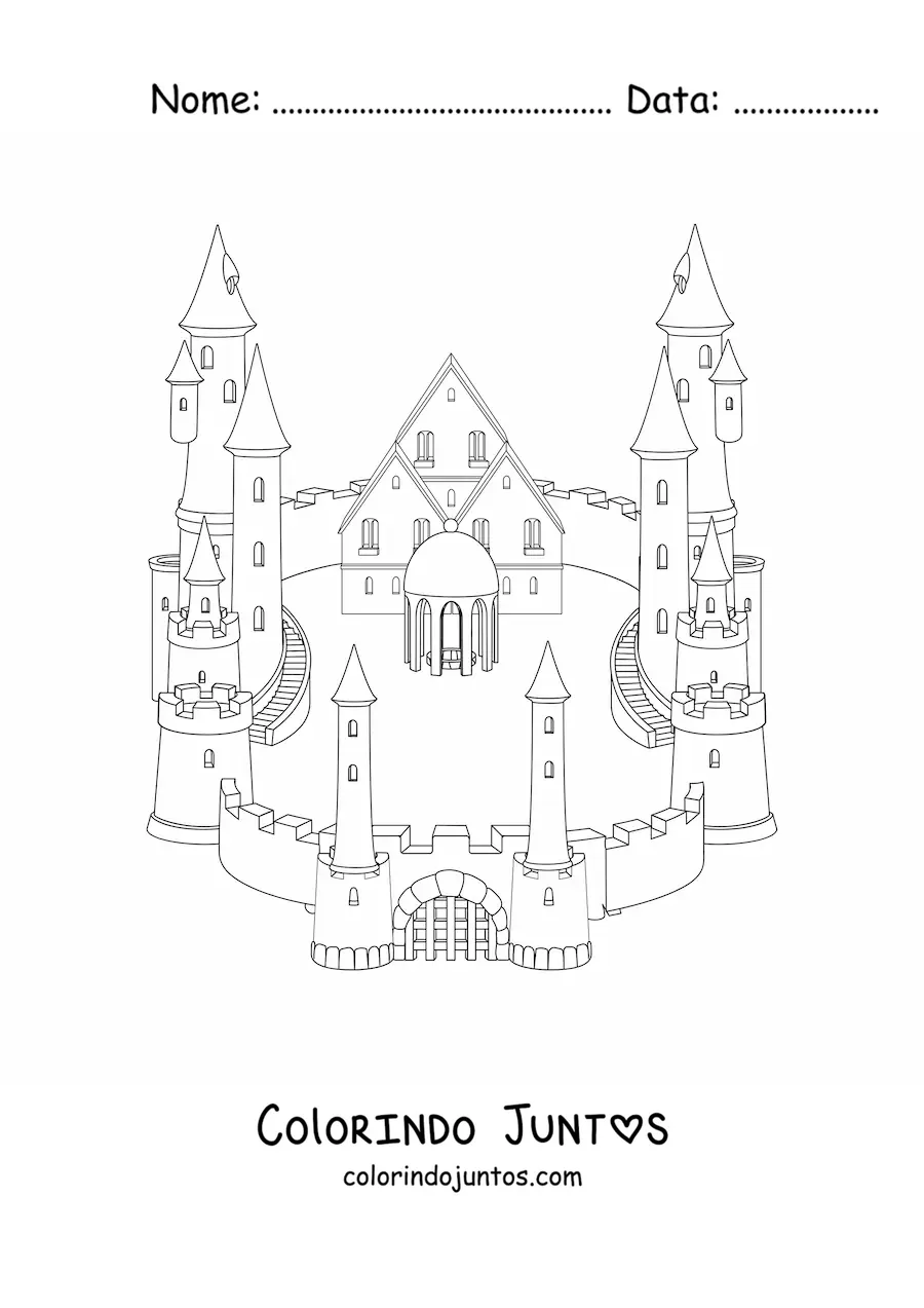 Desenho para colorir de um castelo com uma muralha