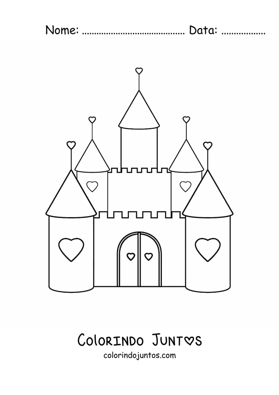 Desenho para colorir de um castelo kawaii decorado com corações