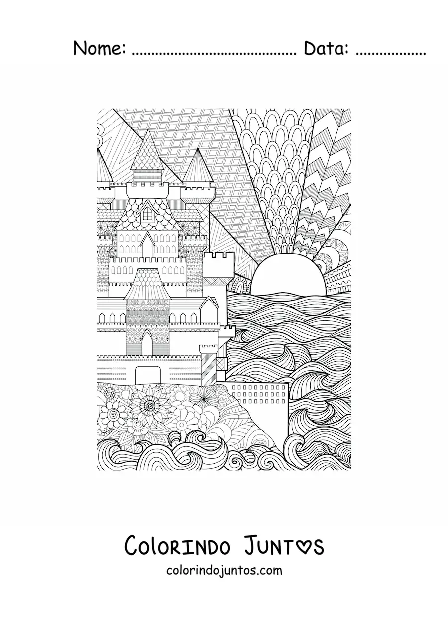 Desenho para colorir de um castelo desenhado com design geométrico
