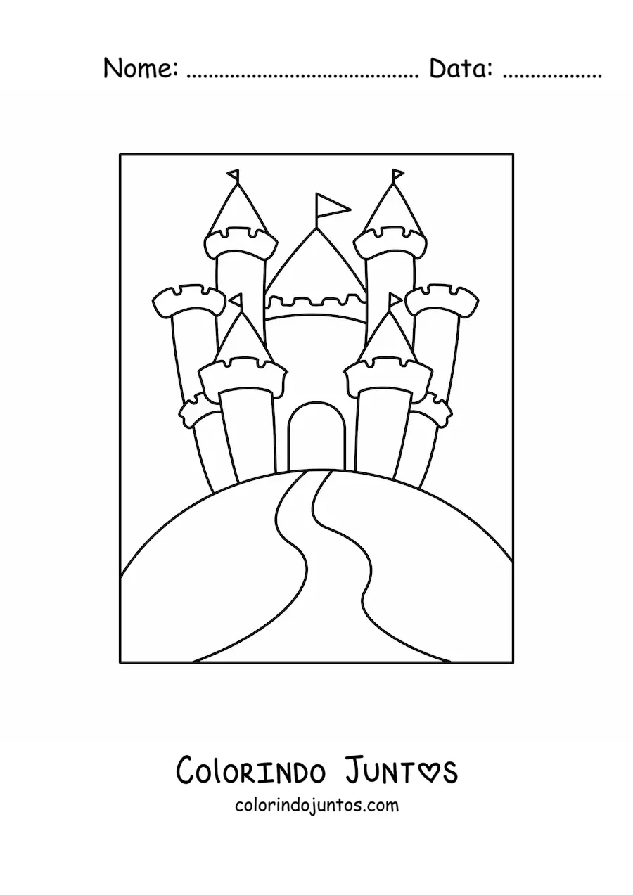 Desenho para colorir de um castelo em uma colina