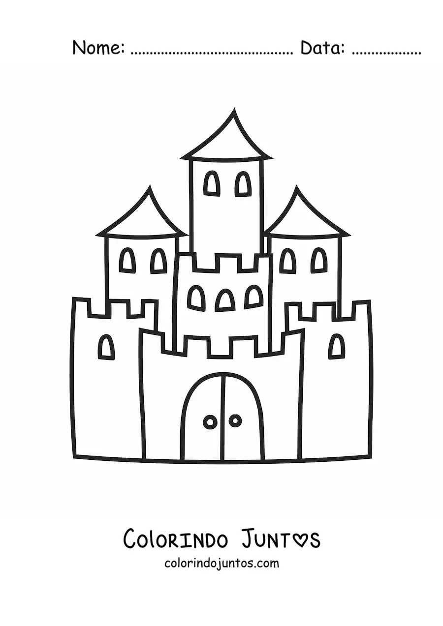 Desenho para colorir de um castelo com três torres e uma muralha