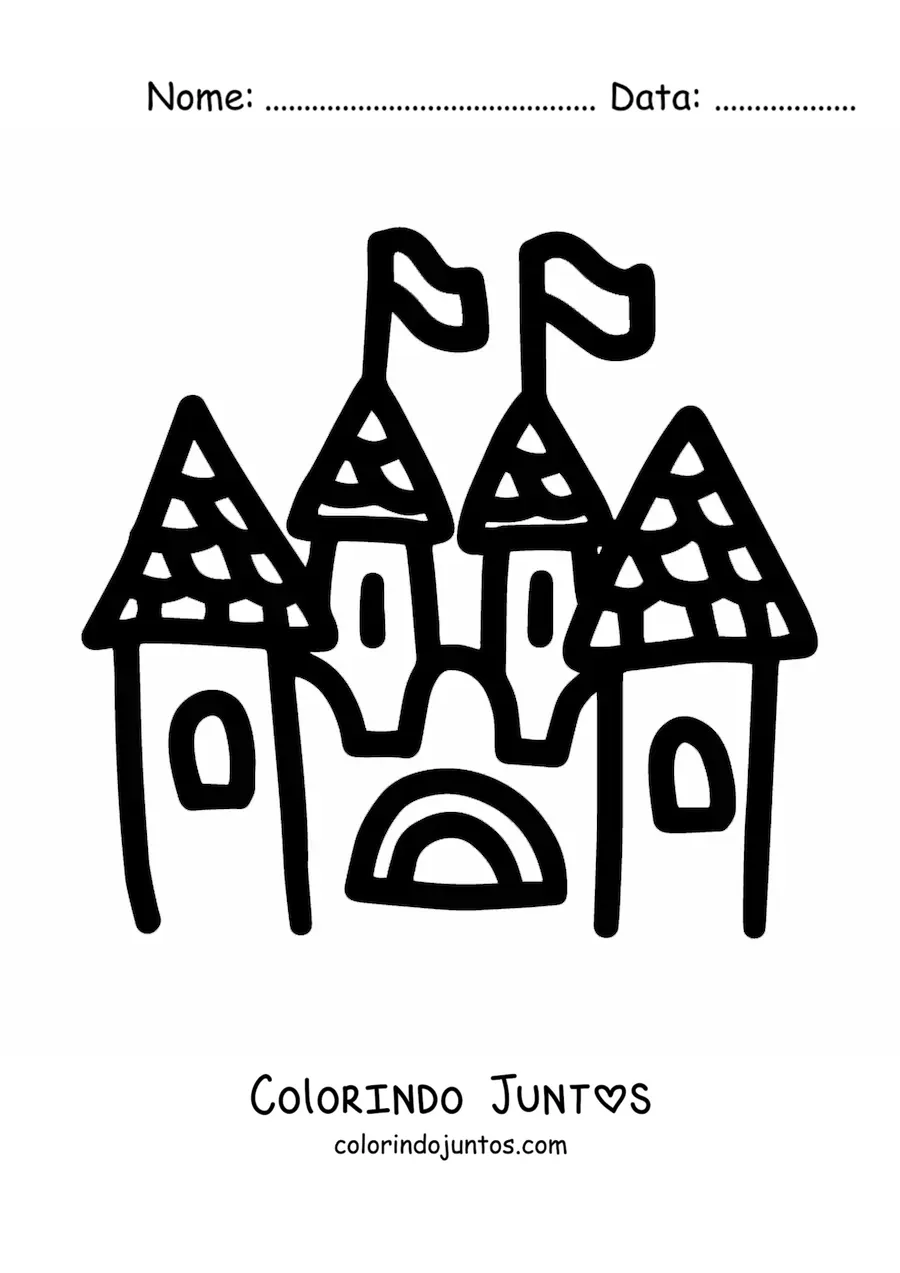 Desenho para colorir de um castelo de desenho animado com quatro torres e bandeirinhas