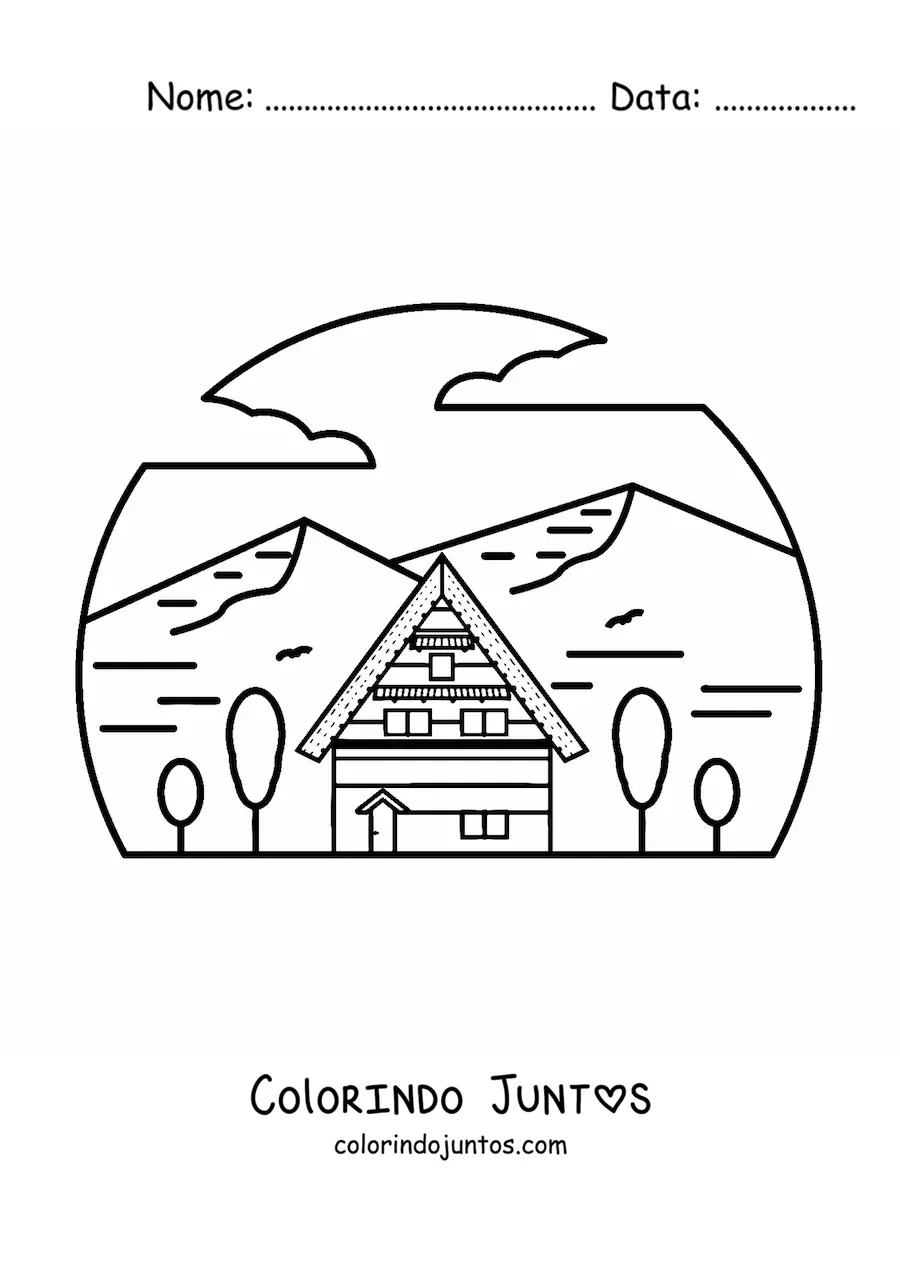 Desenho para colorir de uma cabana cercada por montanhas
