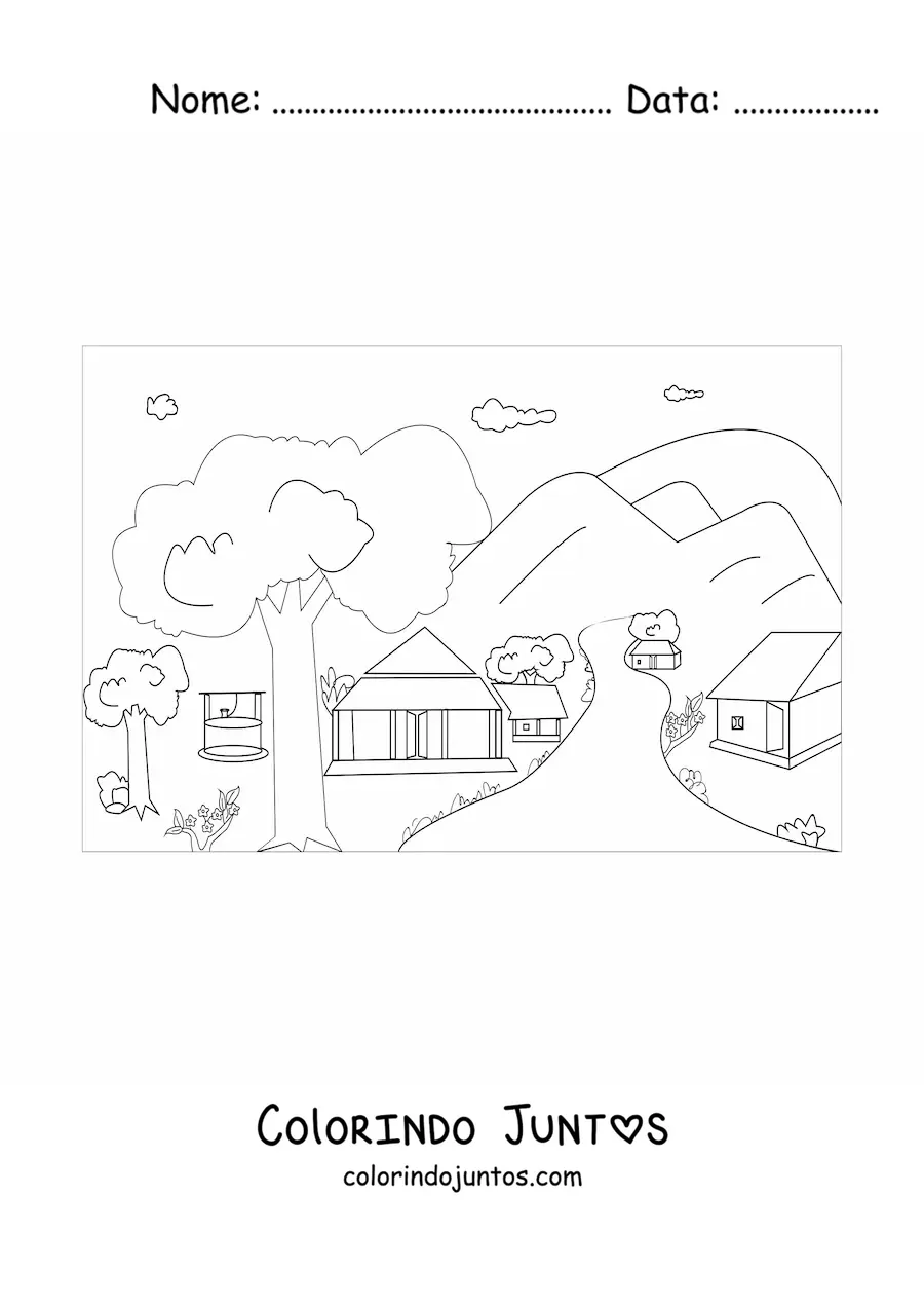 Desenho para colorir de uma paisagem com várias cabanas