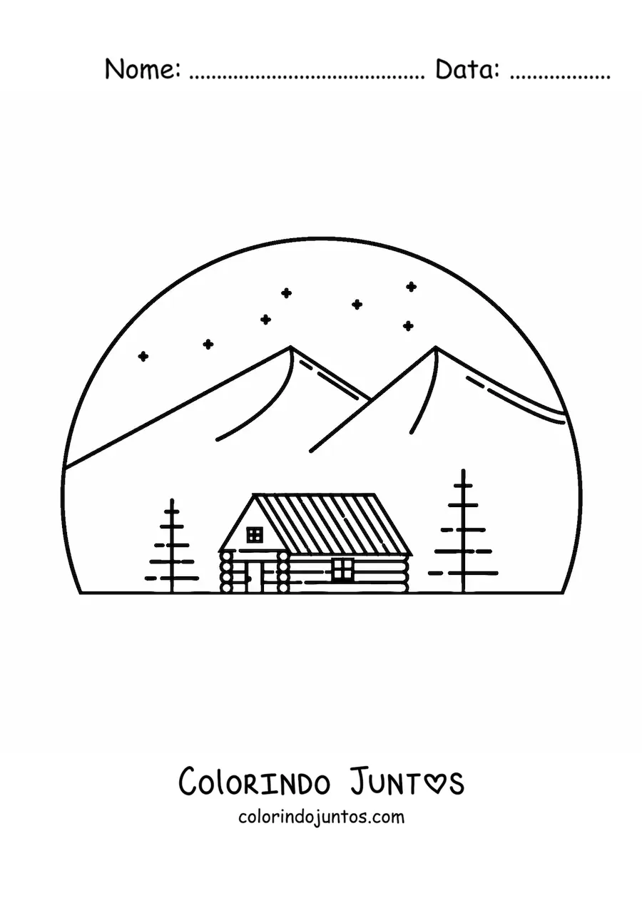 Desenho para colorir de uma cabana em uma montanha