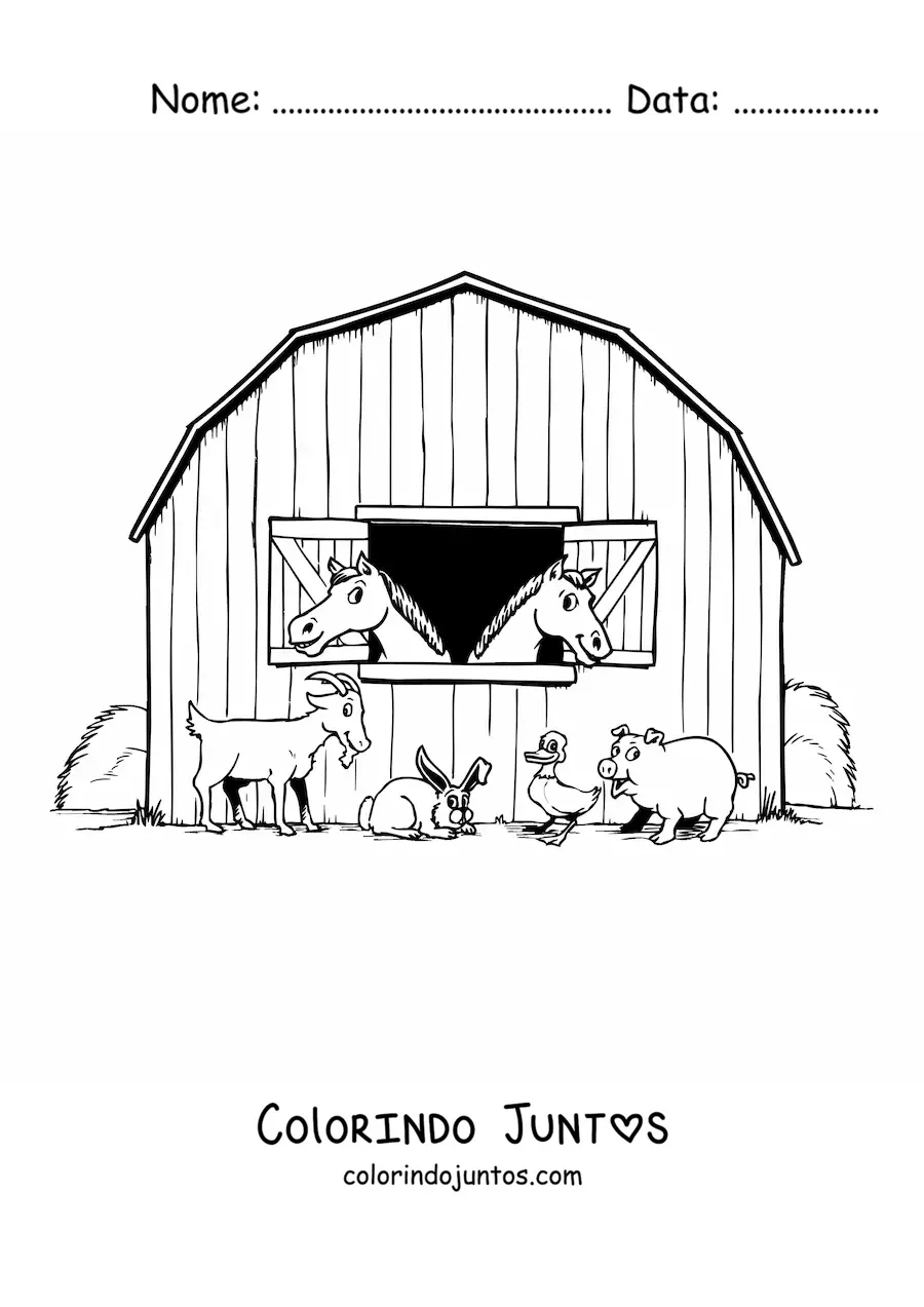 Desenho para colorir do estábulo de uma fazenda com dois cavalos e outros animais animados