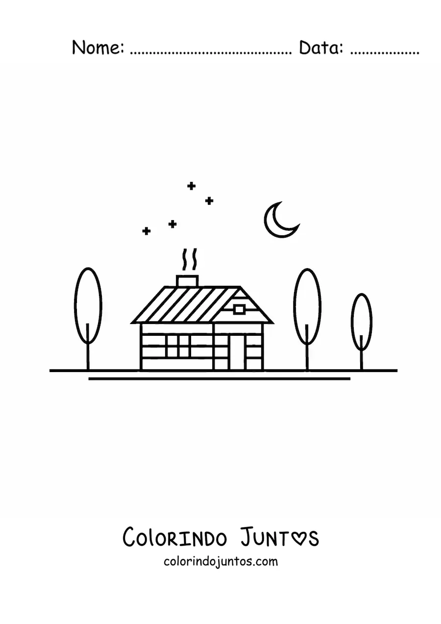 Desenho para colorir de uma cabana em uma floresta à noite