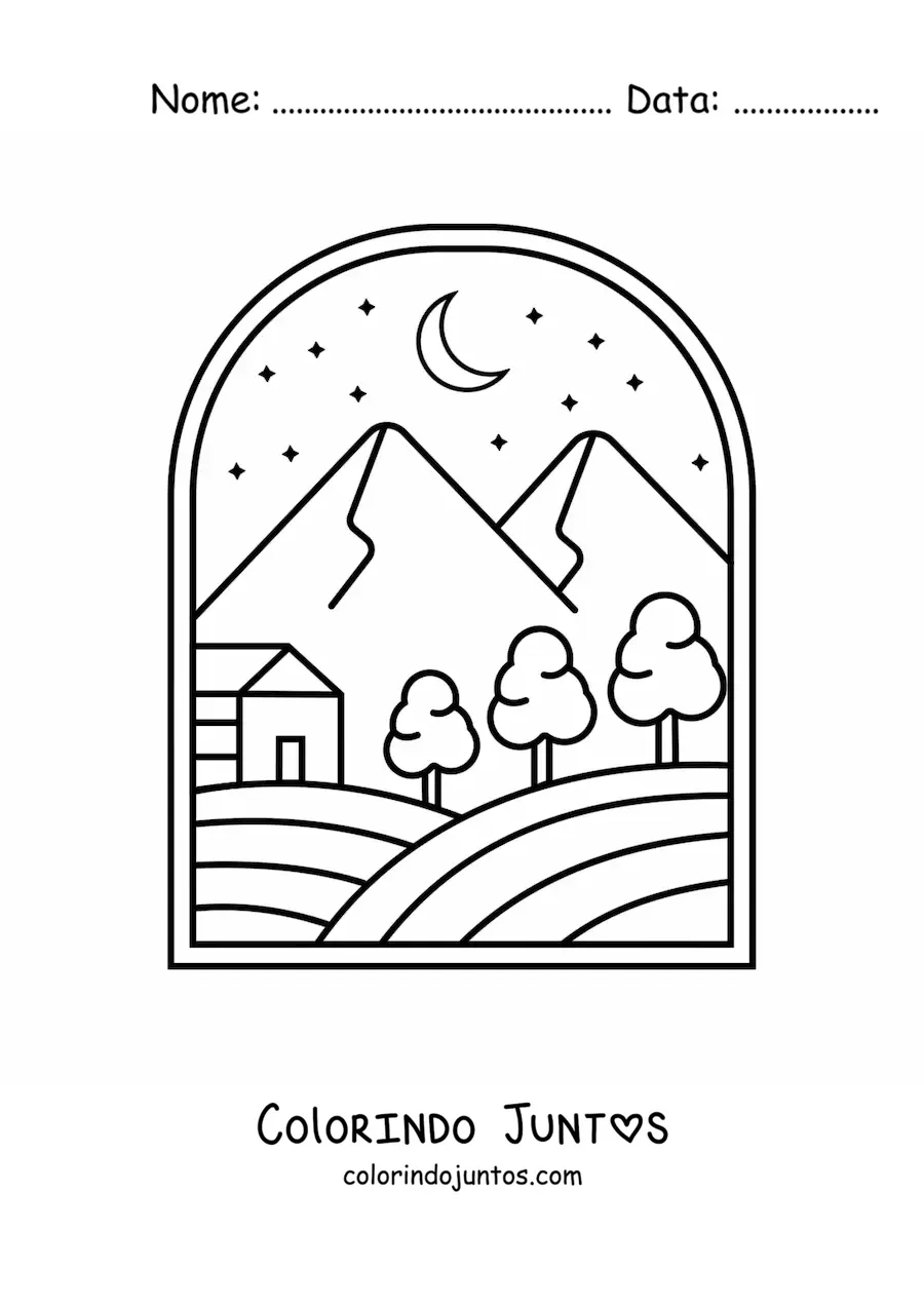 Desenho para colorir de uma paisagem de floresta com uma cabana