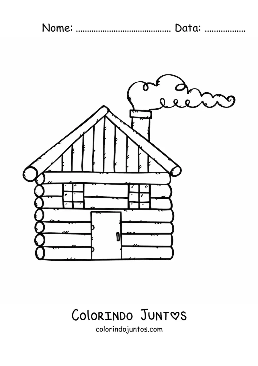 Desenho para colorir de uma cabana de madeira com uma chaminé
