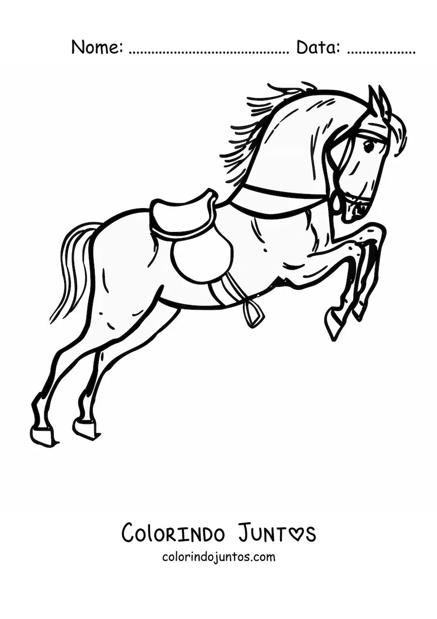 Desenho para colorir de um cavalo selado e com rédeas saltando com as patas traseiras