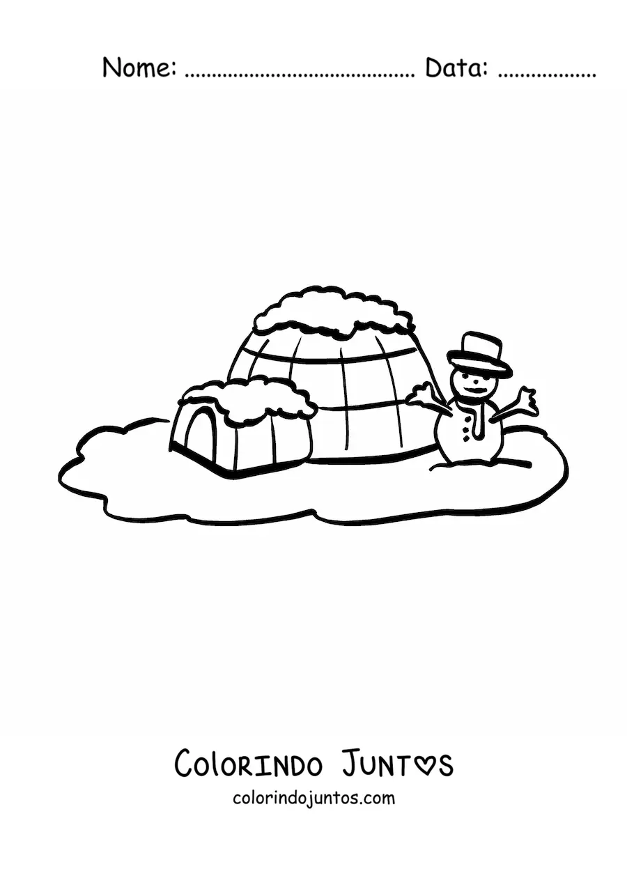 Desenho para colorir de um iglu com um boneco de neve