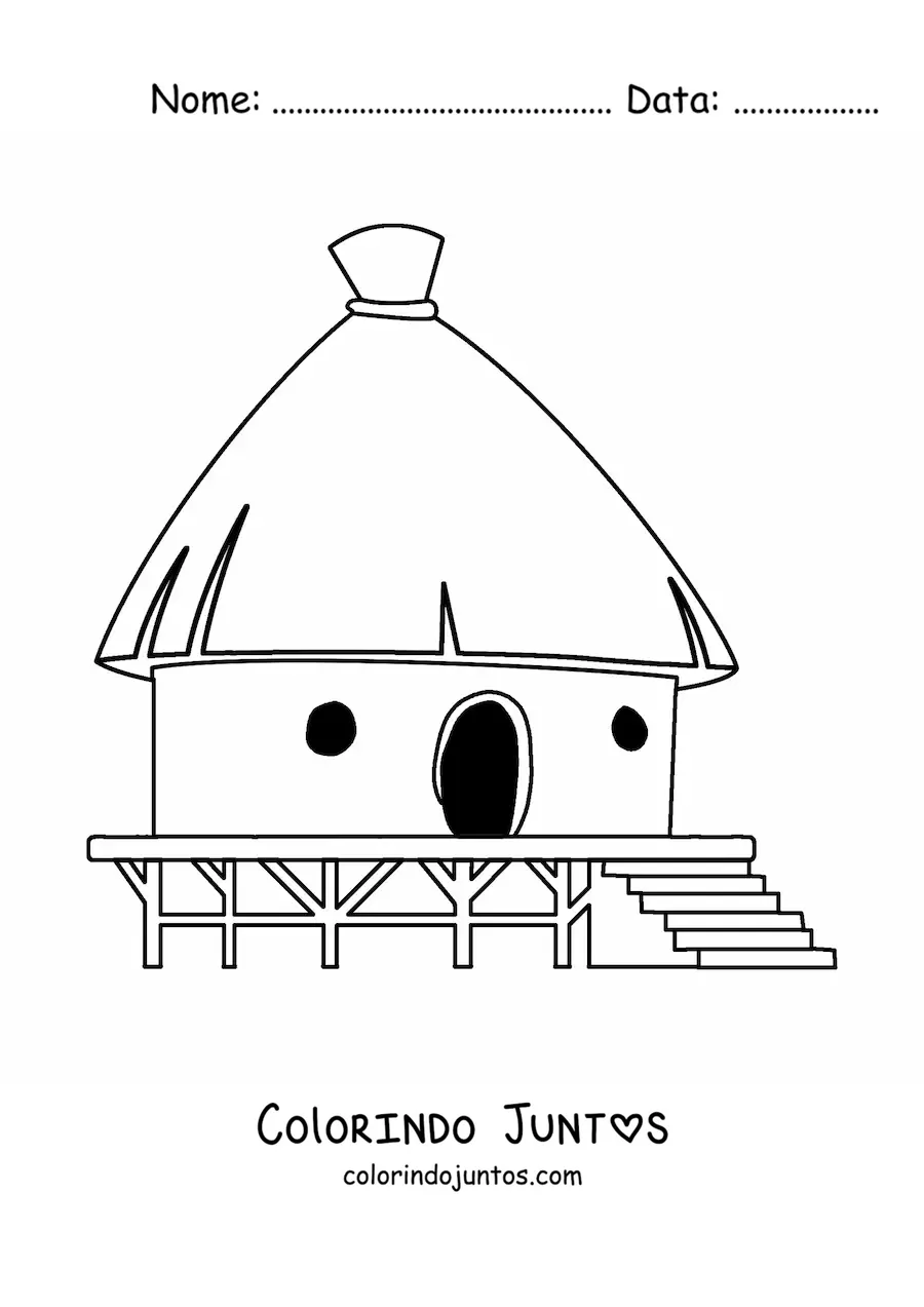 Desenho para colorir de uma cabana tradicional sobre uma base de madeira