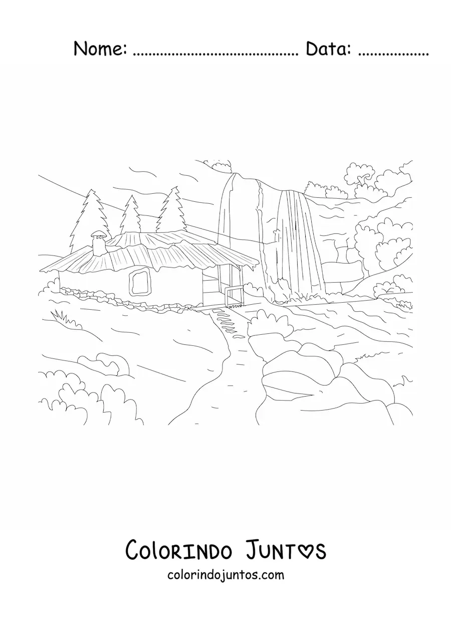 Desenho para colorir de uma choça no meio de uma floresta