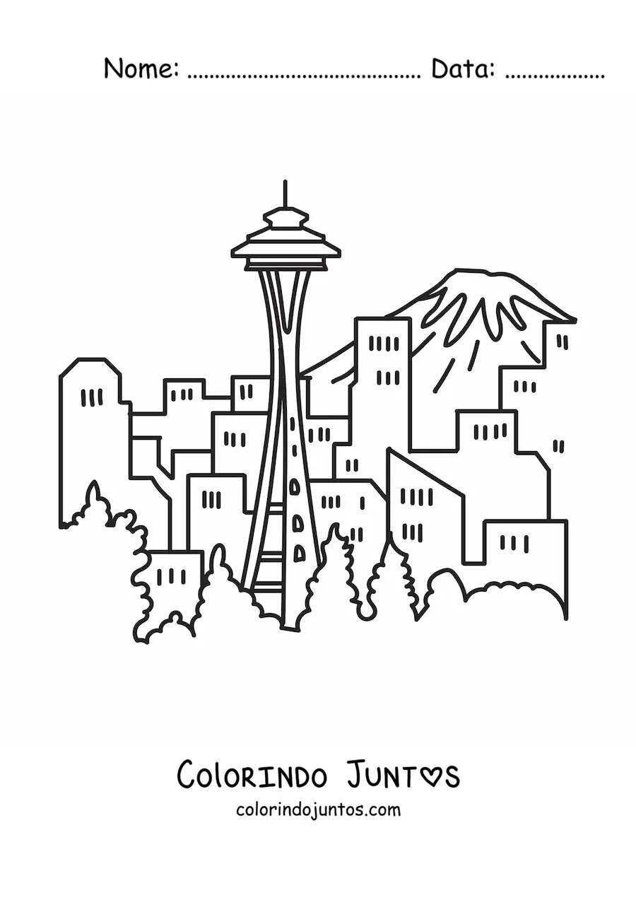 Desenho para colorir de uma paisagem com arranha-céus e uma montanha ao fundo