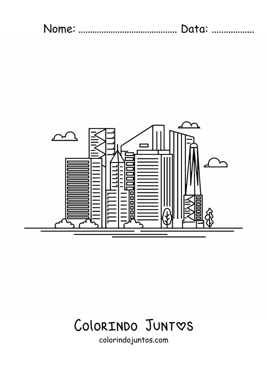 Desenho para colorir de uma cidade moderna com arranha-céus
