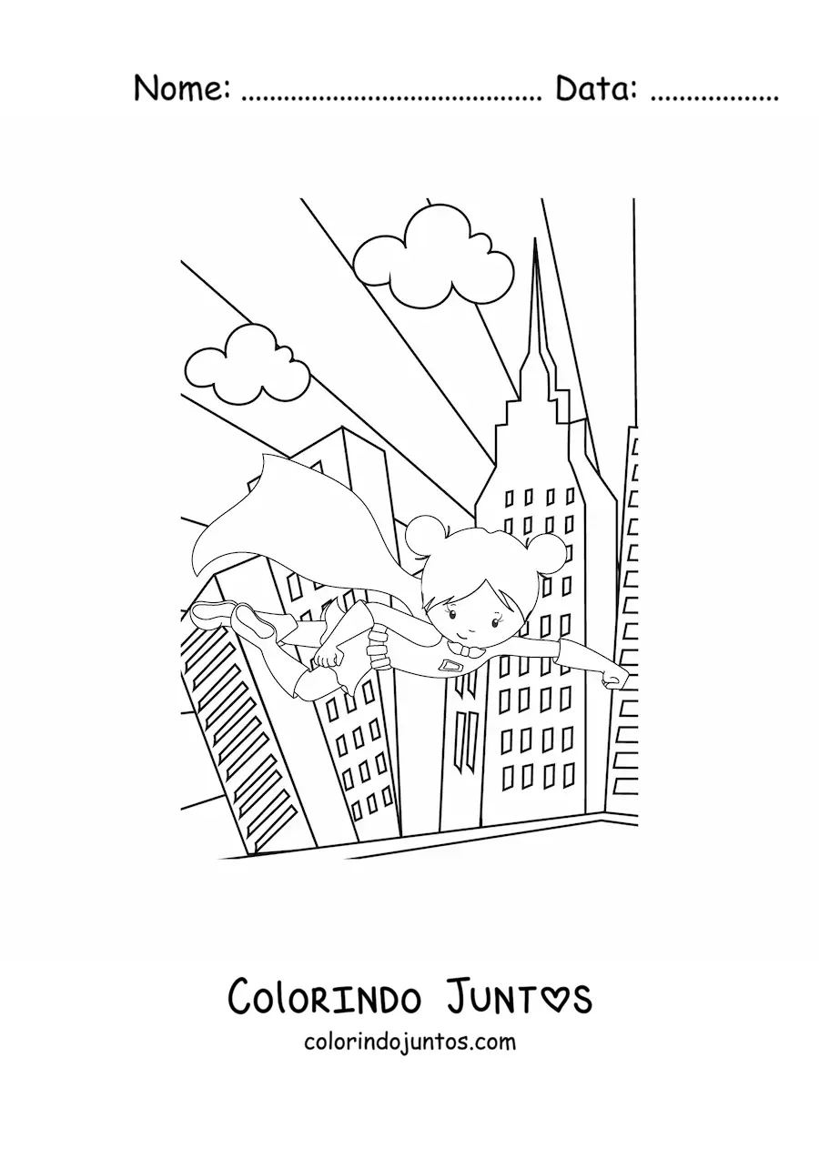 Desenho para colorir de uma menina super-heroína voando em uma cidade com arranha-céus
