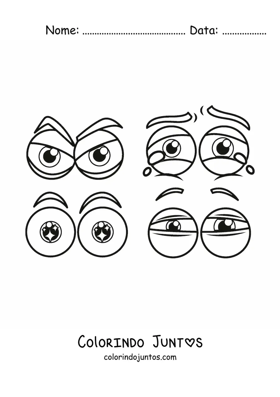 Desenho para colorir de 4 pares de olhos animados expressando emoções diferentes