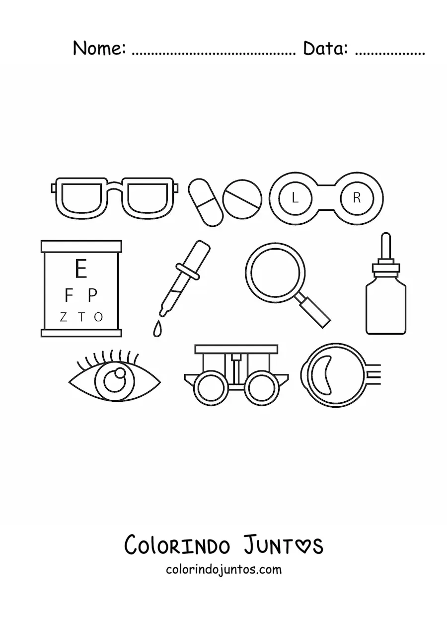 Desenho para colorir de diferentes elementos de oftalmologia