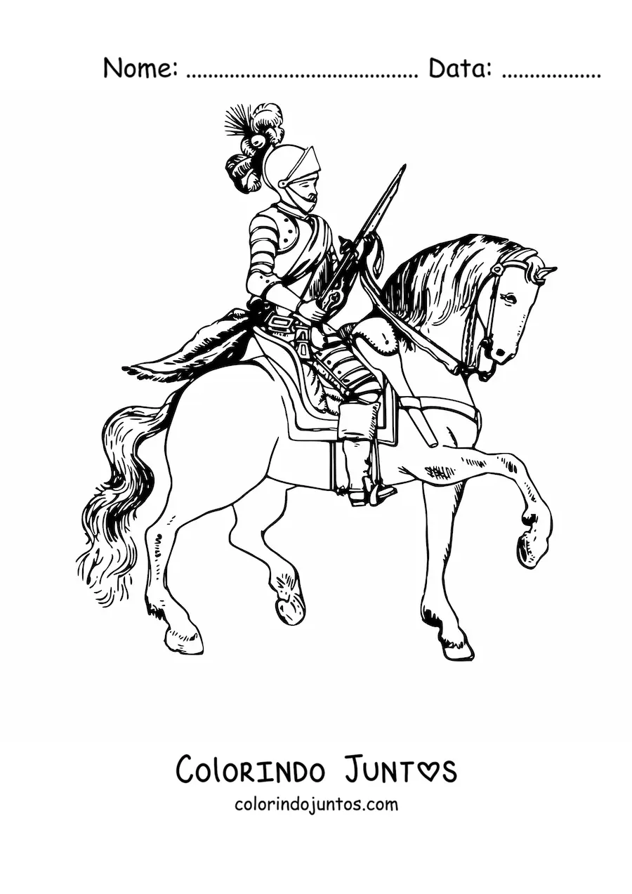 Desenho para colorir de um cavaleiro com armadura montando um cavalo