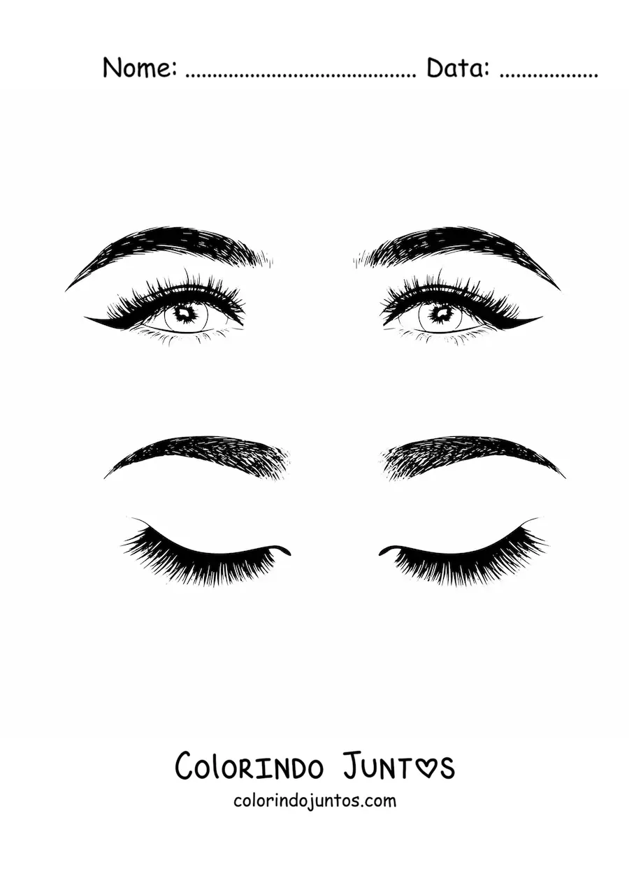 Desenho para colorir de dois pares de olhos e sobrancelhas realistas de mulher com uma maquiagem linda