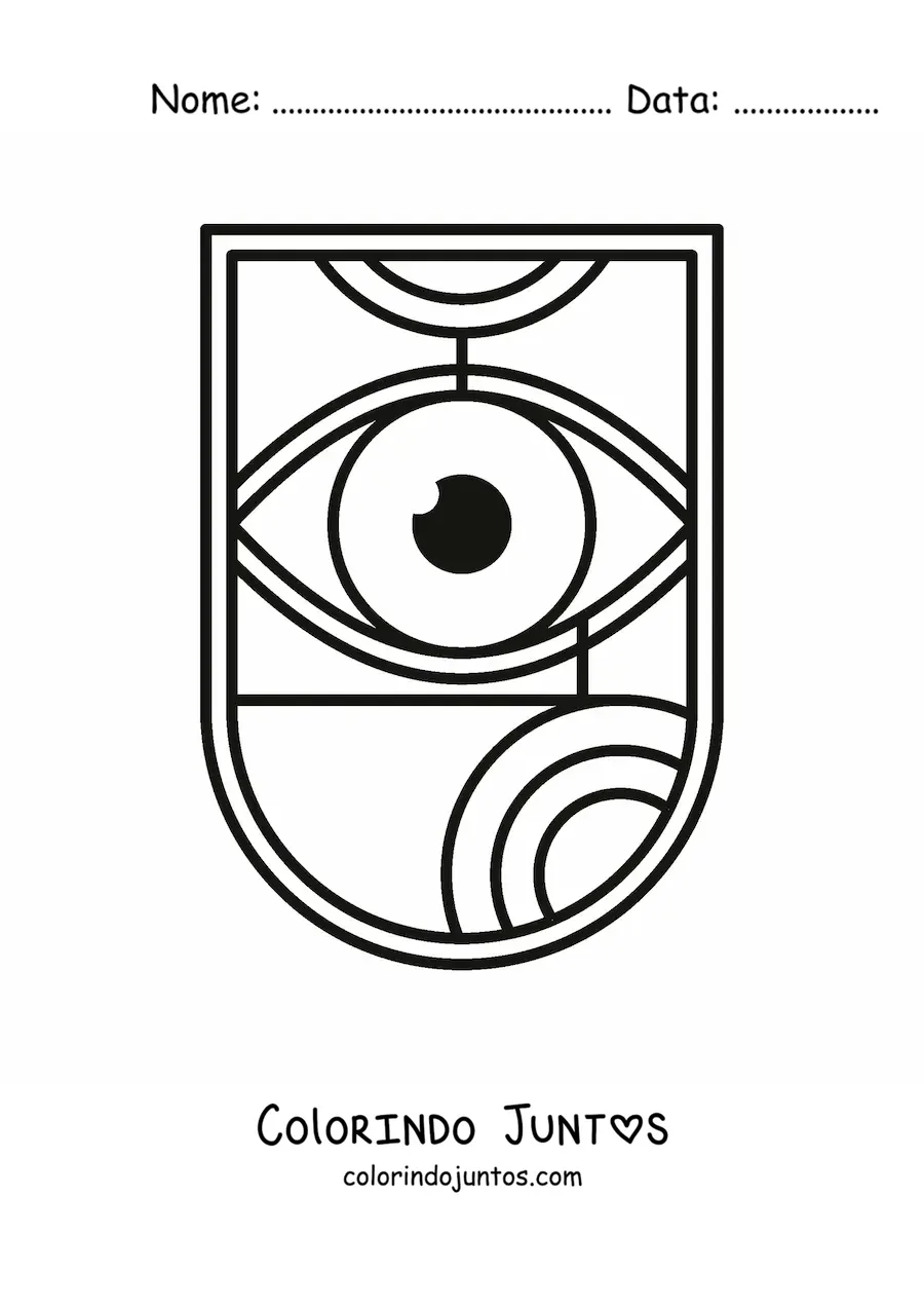 Desenho para colorir de um escudo com um olho e figuras geométricas