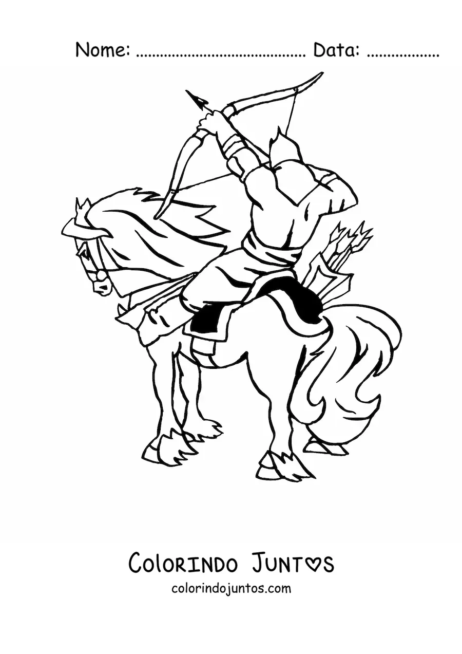 Desenho para colorir de um arqueiro sobre um cavalo disparando uma flecha