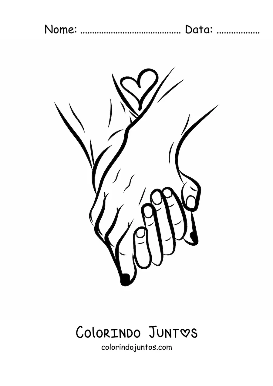 Desenho para colorir de um par de mãos de casal entrelaçadas com um coração
