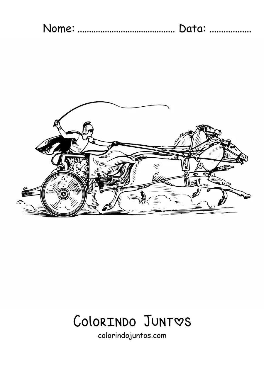 Desenho para colorir de uma biga romana em alta velocidade conduzida por dois cavalos