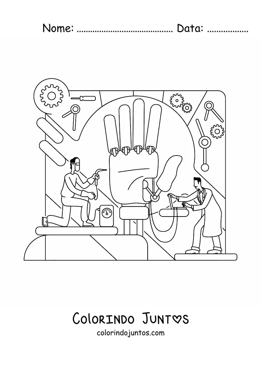 Desenho para colorir de engenheiros construindo uma mão biônica gigante