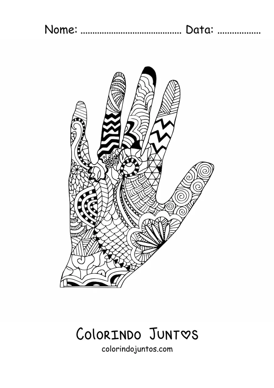 Desenho para colorir de uma mão com estampa de mandala
