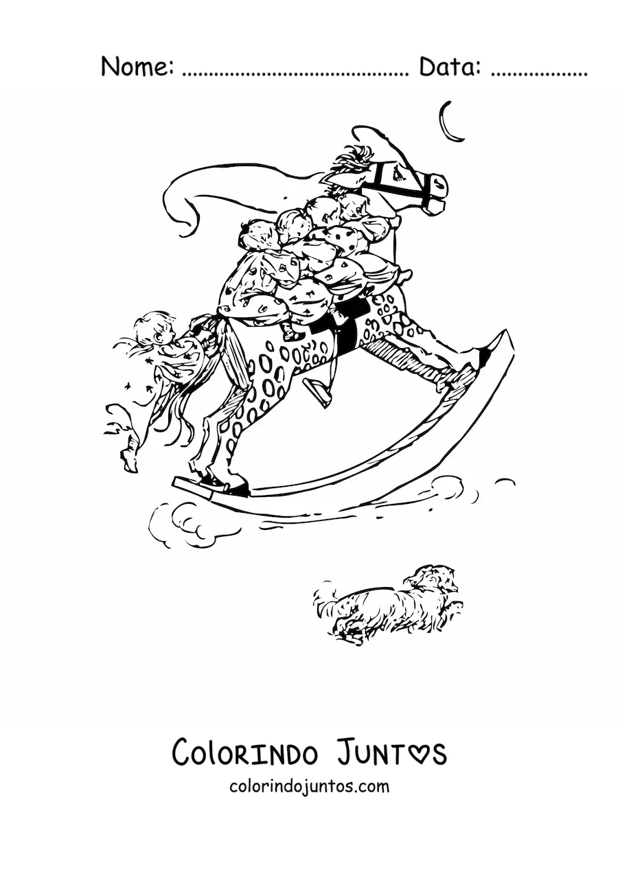 Desenho para colorir de cinco crianças pequenas sobre uma gangorra grande em forma de cavalo