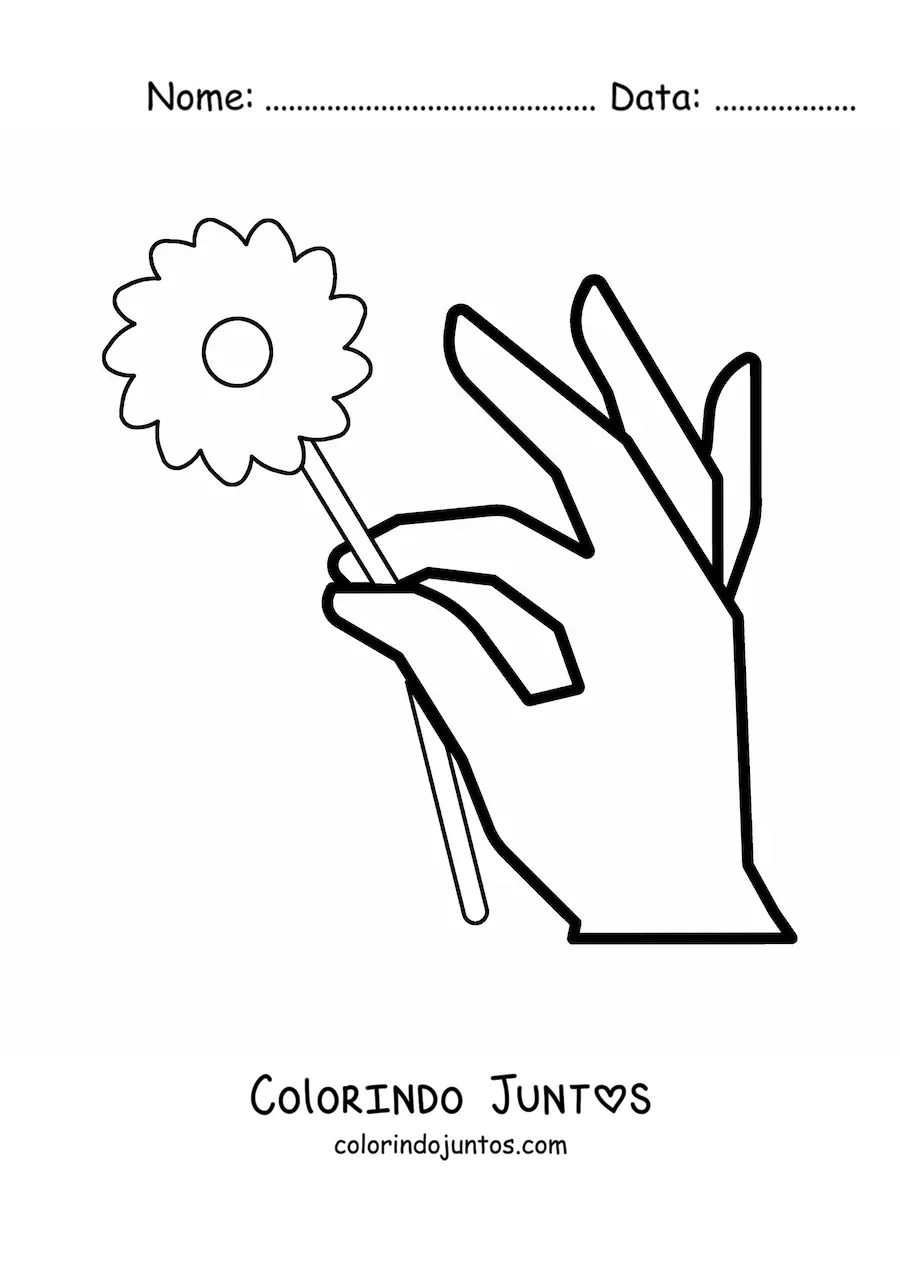 Desenho para colorir de uma mão segurando uma flor