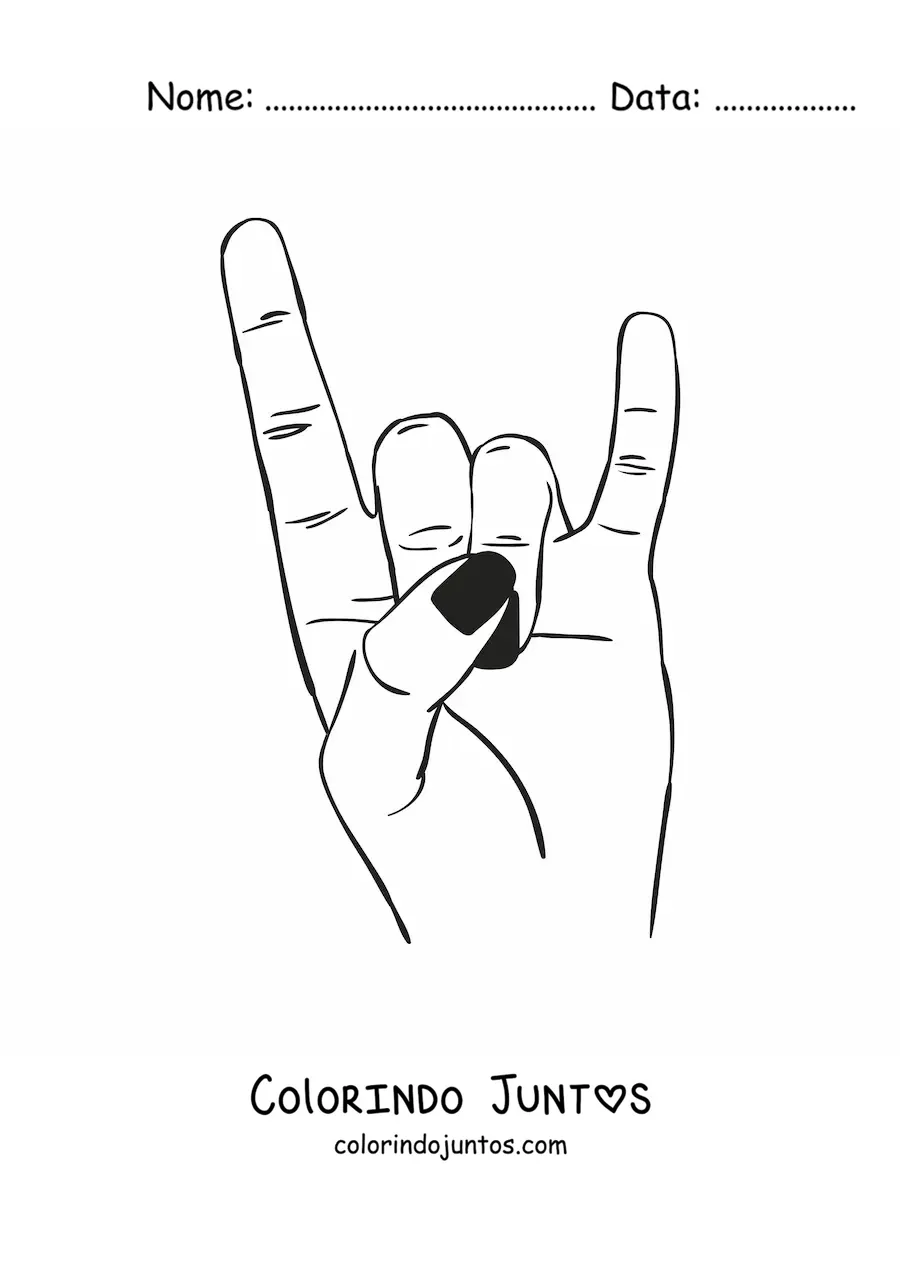 Desenho para colorir de uma mão com unhas pretas fazendo o sinal do rock