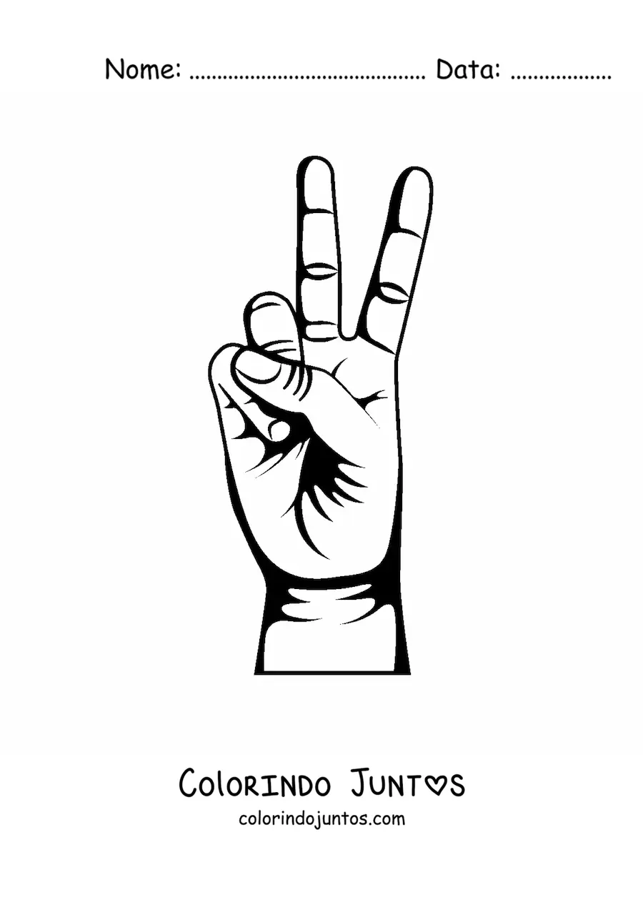 Desenho para colorir de uma mão fazendo o gesto do número dois