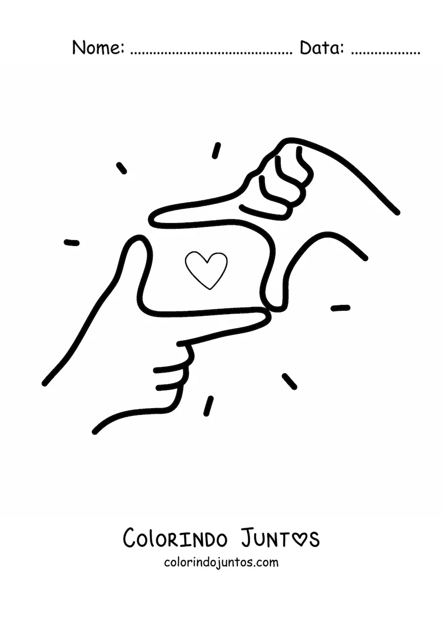 Desenho para colorir de mãos formando uma moldura retangular com um coração