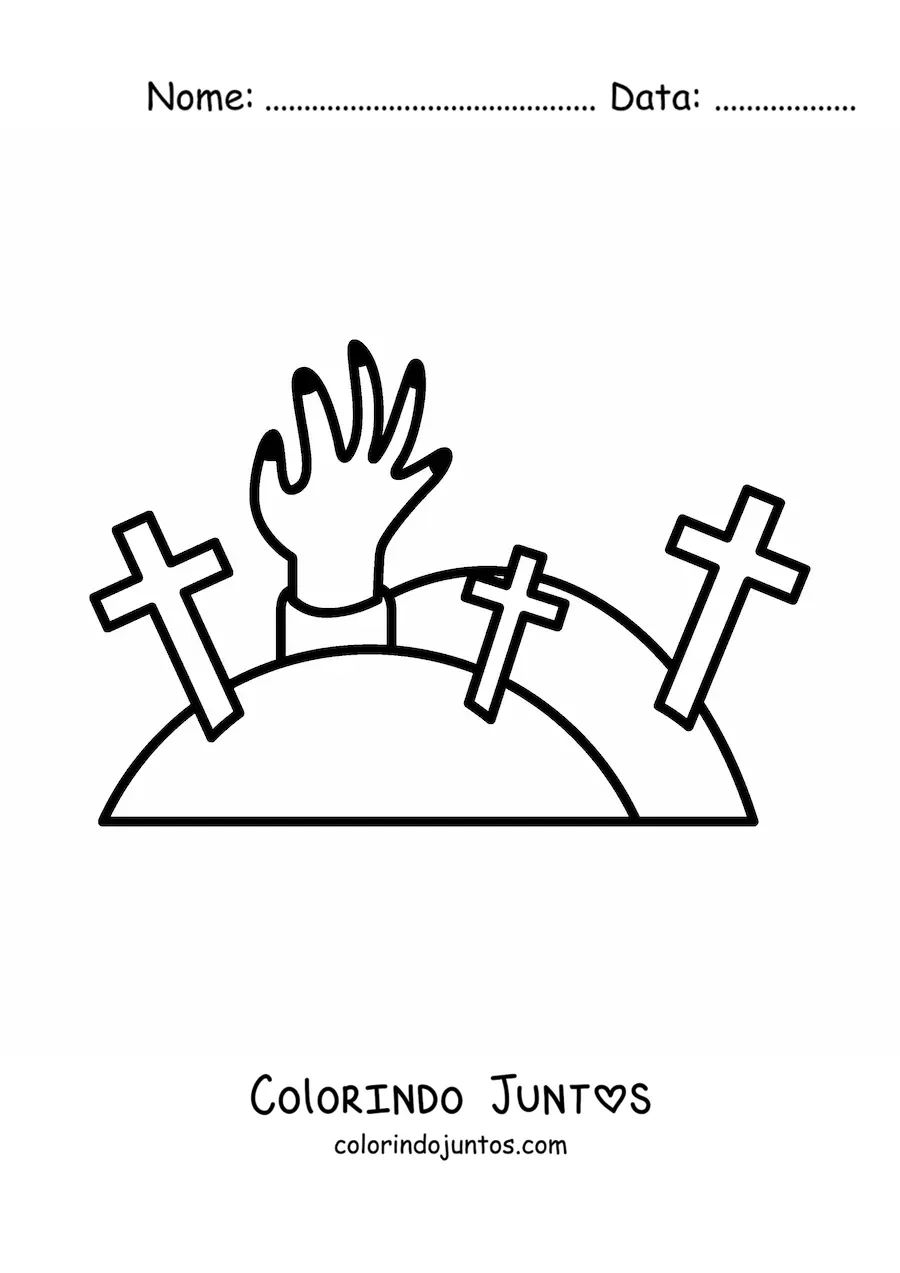 Desenho de halloween para colorir de uma mão de zumbi em um cemitério