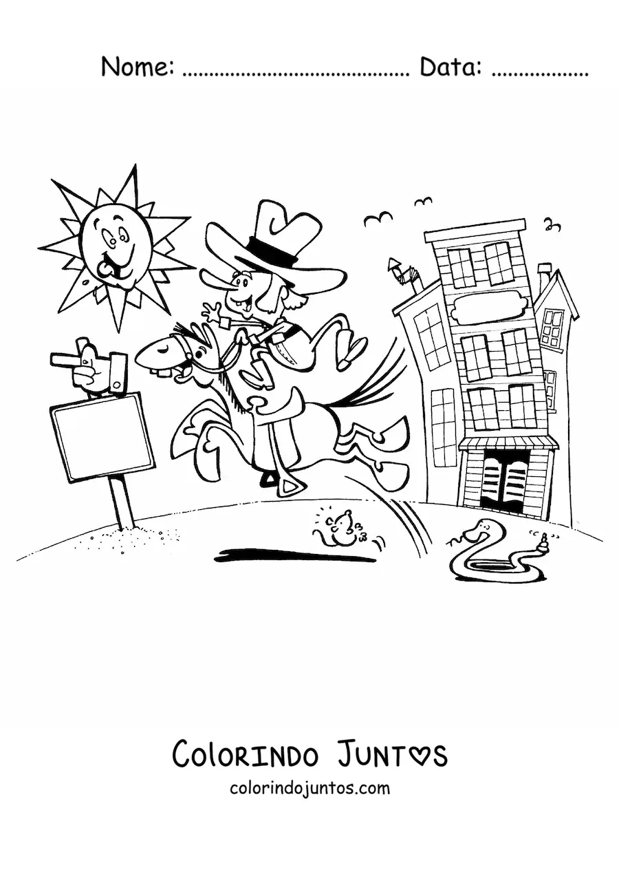 Desenho para colorir de um vaqueiro animado cavalgando em um dia ensolarado