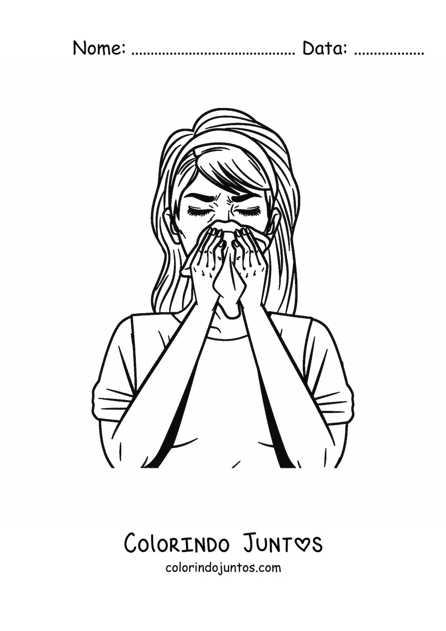 Desenho para colorir de uma garota espirrando ou assoando o nariz