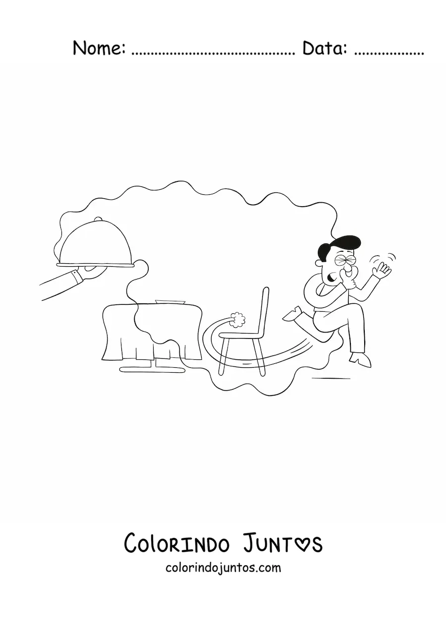 Desenho para colorir de um homem fugindo do restaurante por causa do cheiro desagradável do seu prato