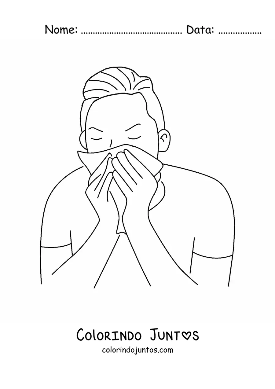 Desenho para colorir de um homem cobrindo o nariz com um lenço ao espirrar