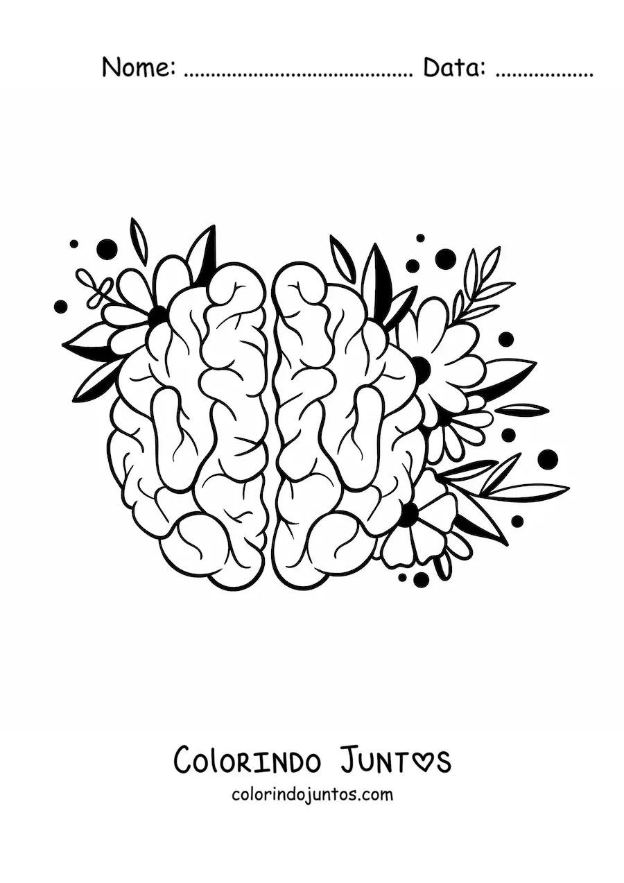 Desenho para colorir de um cérebro bonito com flores