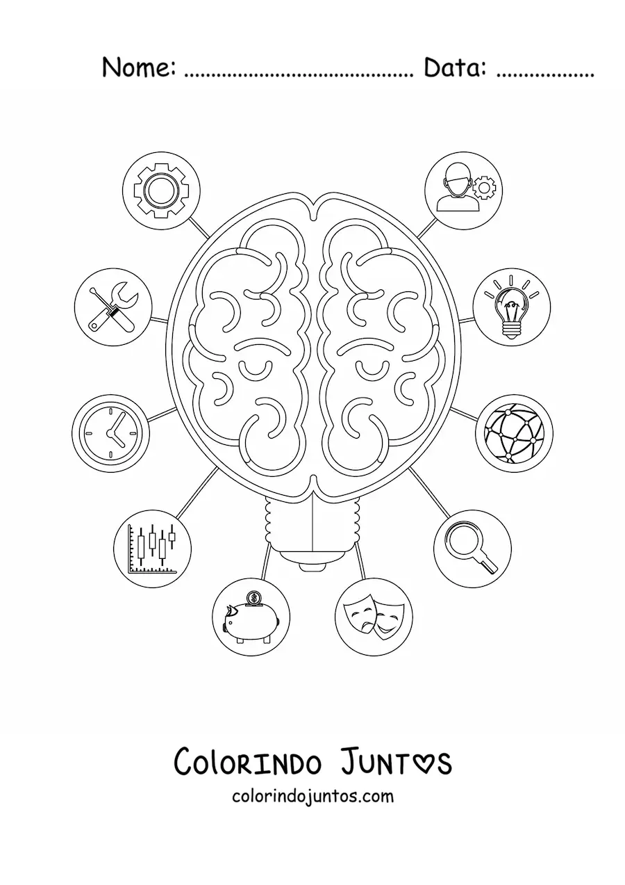 Desenho para colorir de um cérebro rodeado de símbolos que representam o pensamento, as emoções e a inteligência