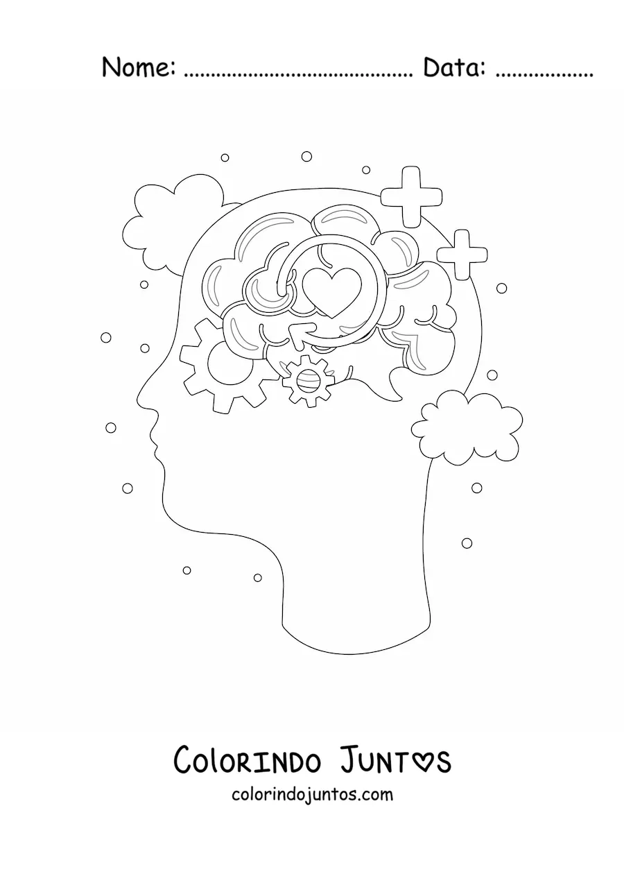 Desenho para colorir de uma cabeça humana com um cérebro rodeado de símbolos do pensamento, das emoções e da inteligência