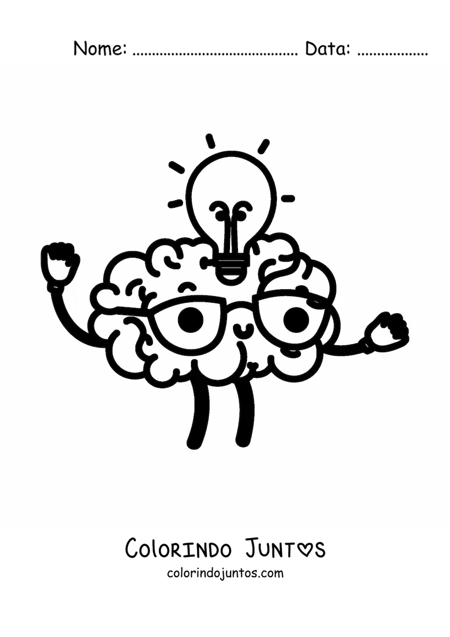Desenho para colorir de um cérebro kawaii animado tendo uma ideia, com óculos e uma lâmpada