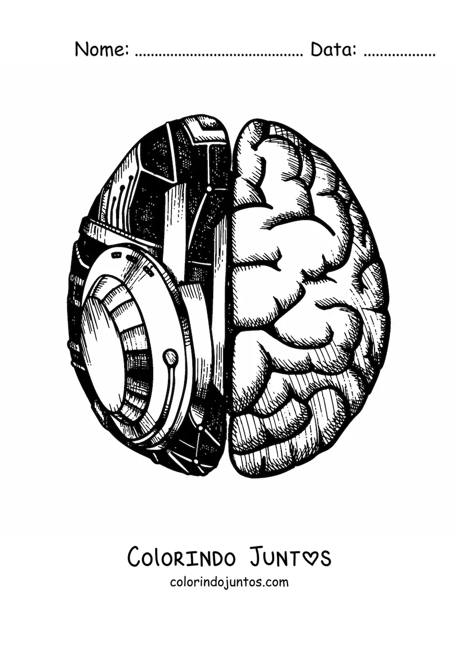 Desenho para colorir de um cérebro com partes robóticas visto de cima