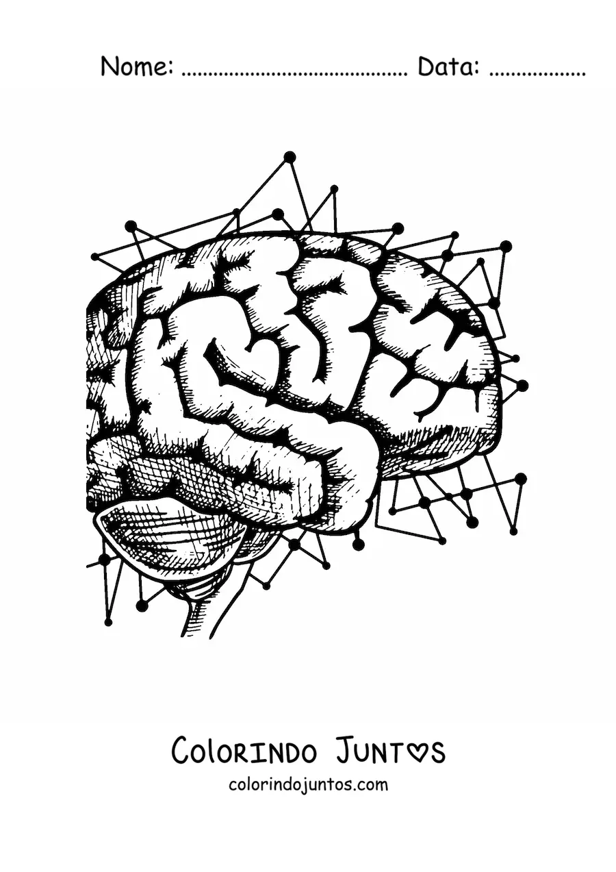 Desenho para colorir de um cérebro de perfil rodeado de circuitos